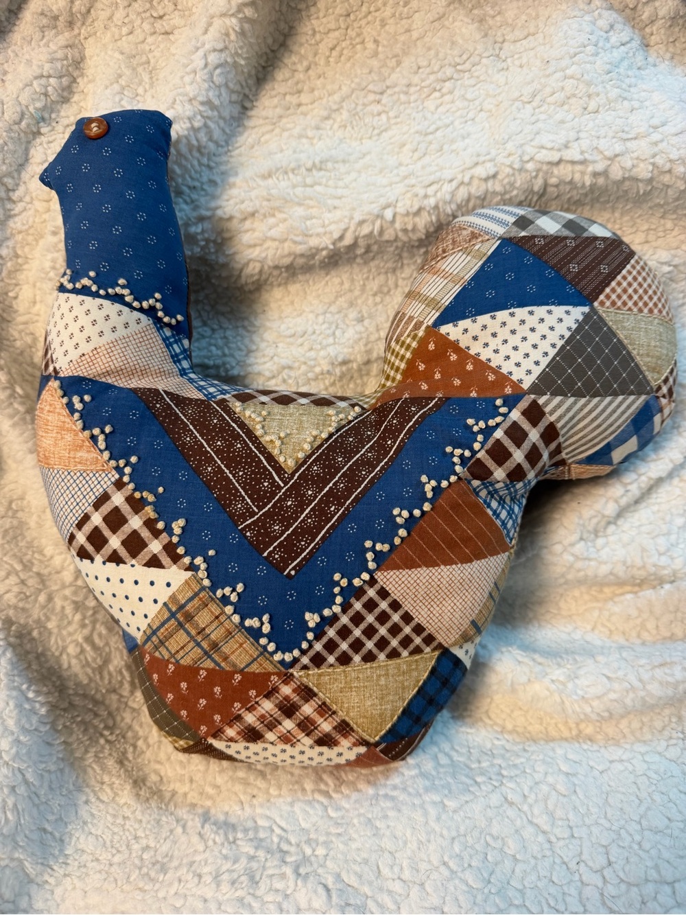 Vintage Handmade Rooster Patchwork Throw Pillow in Blue and Brown